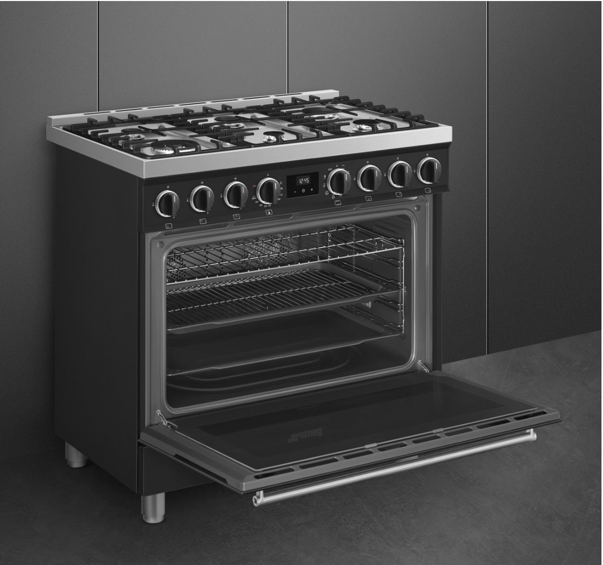 Smeg gasfornuis frontaanzicht zwart