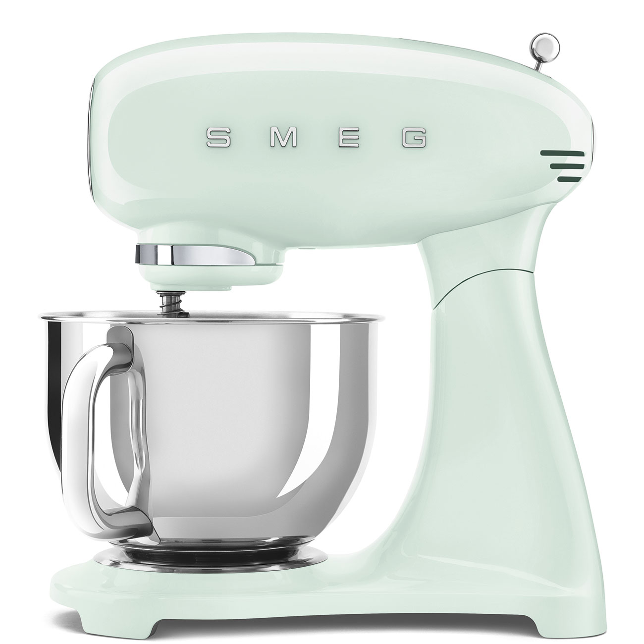 SMEG SMF03 keukenmachine pastelgroen – zijaanzicht met garde