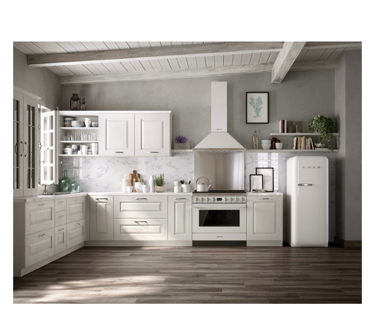 SMEG FAB28 blanc dans une cuisine style campagne